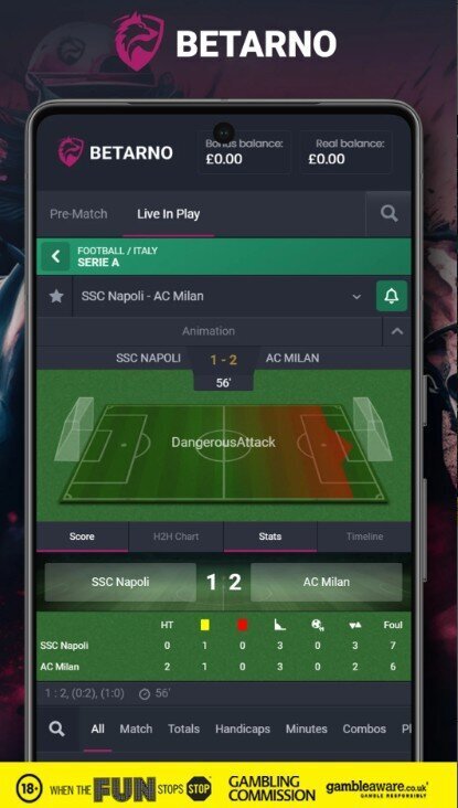 In-play Serie A betting screen with live odds