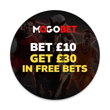 MogoBet offer ball with the offer text Bet £10 Get £30 in free bets