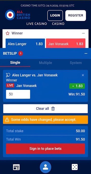 All British Sports bet slip showing a table tennis bet