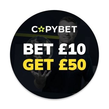 CopyBet logo ball with the text Bet £10 Get £50