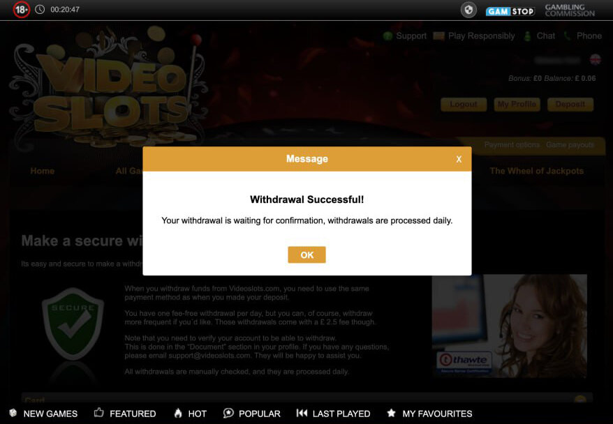 A successful withdrawal at Videoslots Casino