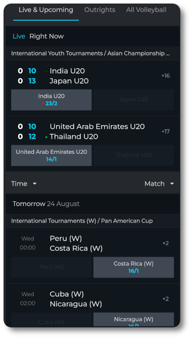 This is what 21.co.uk Volleyball betting looks like on mobile