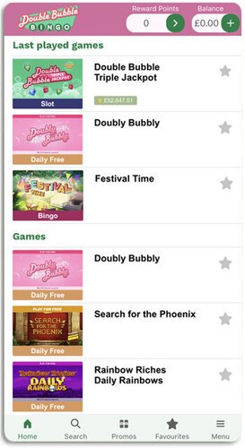 Double Bubble Bingo slot games and bingo rooms on mobile