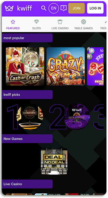 This is what Kwiff Mobile Casino looks like