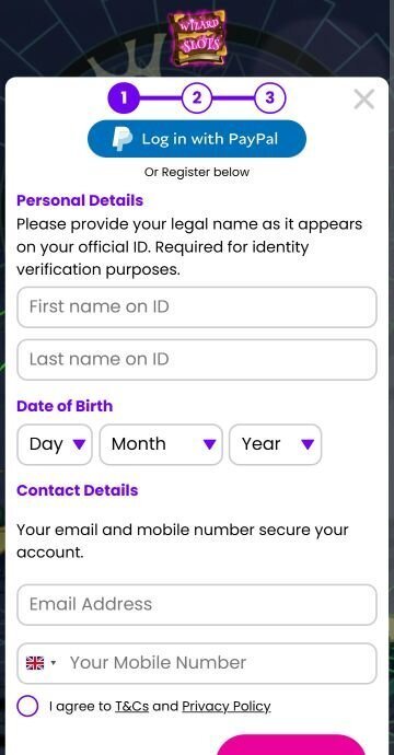 Wizard Slots Casino registration window