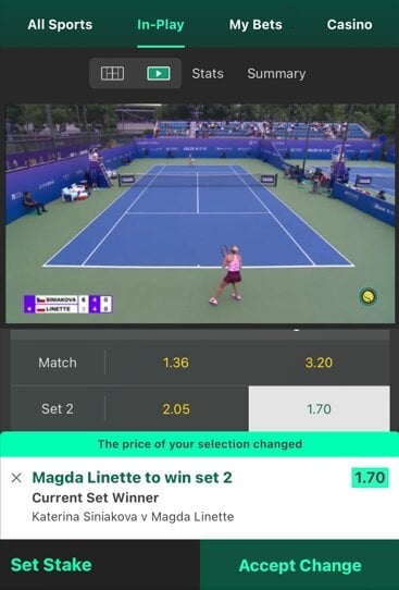 Tennis live betting options with a small screen of the ongoing match