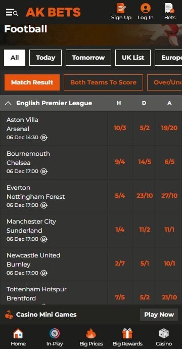 AK Bets odds for Football