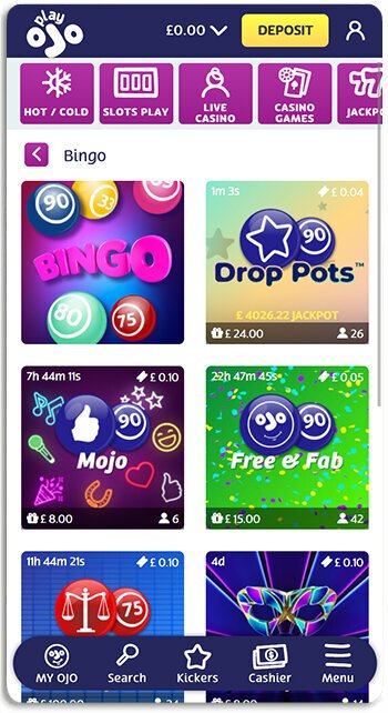 How PlayOJO mobile bingo app looks on a phone