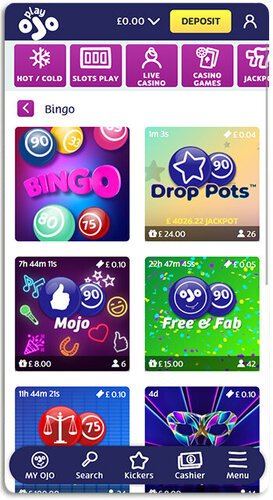 PlayOJO app and bingo rooms view