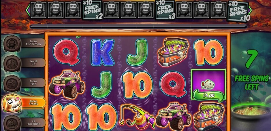 Big Bass Halloween Splash 1000 desktop free spins showing the active More Treats modifier and fisherman collection meter
