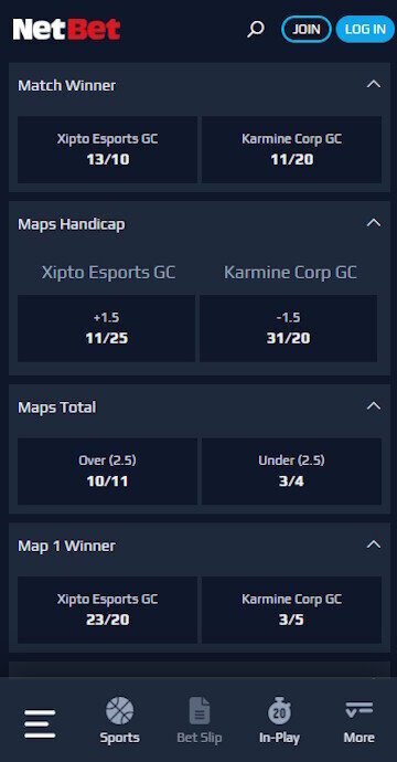 NetBet sportsbook interface displaying current Valorant matches