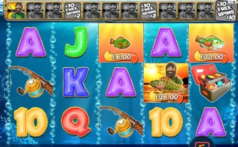 Big Bass Bonanza free spins showing the Fisherman Wild collecting two Money Fish worth £6 and £30 for a total of £36