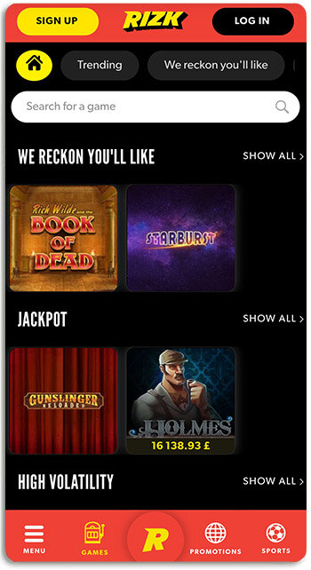 How Rizk Casino looks like on mobile