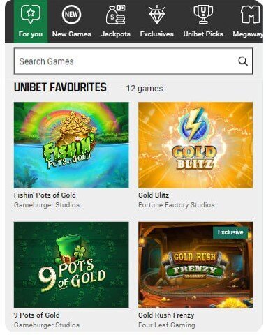 Unibet slots and games in lobby view