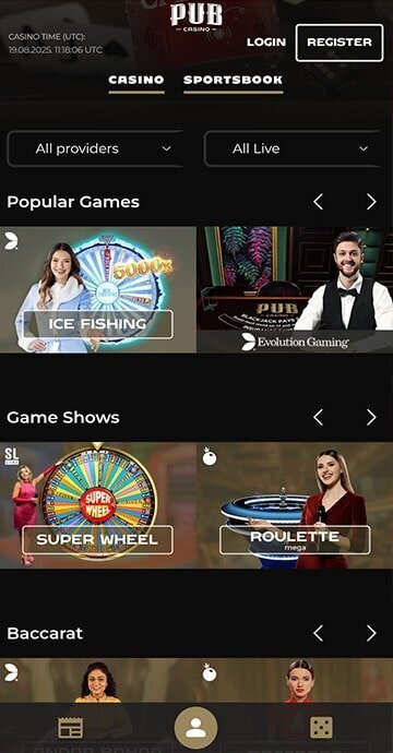 Live Casino lobby at Pub Casino