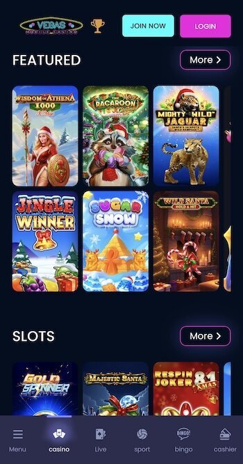 Games lobby for Vegas Mobile Casino