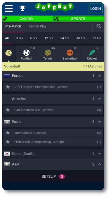 This is what Jeffbet Volleyball betting looks like on mobile