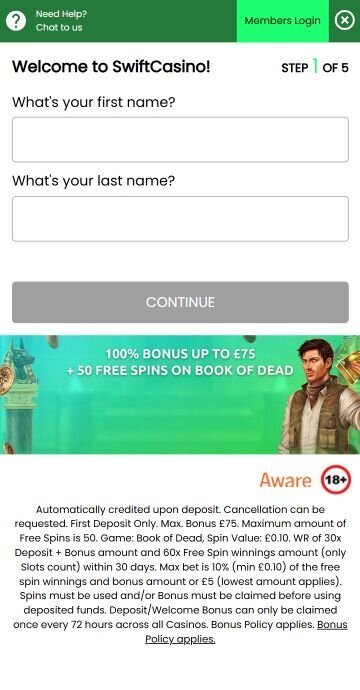 Add your details during Swift Casino registration