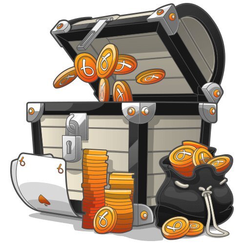 Chest with casino chips and bag full of coins