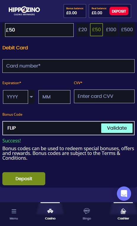 Hippozino claimed bonus code