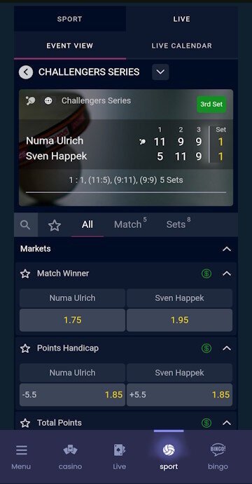 MogoBet table tennis live betting markets overview.