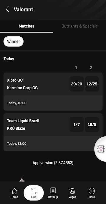 LiveScore Bet esports menu highlighting the Valorant section
