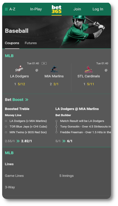 This is what Bet365 MLB looks like on mobile