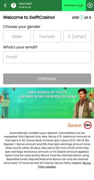 Add your email during Swift Casino registration