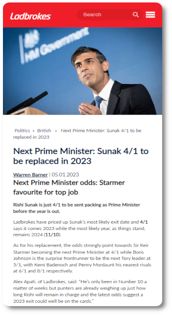 Ladbrokes believe that Sunak will replaced in 2023