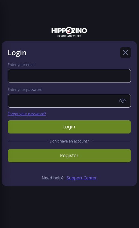 Hippozino Casino registration window