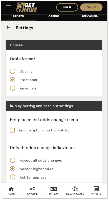 You can change BetMGM odds display from settings