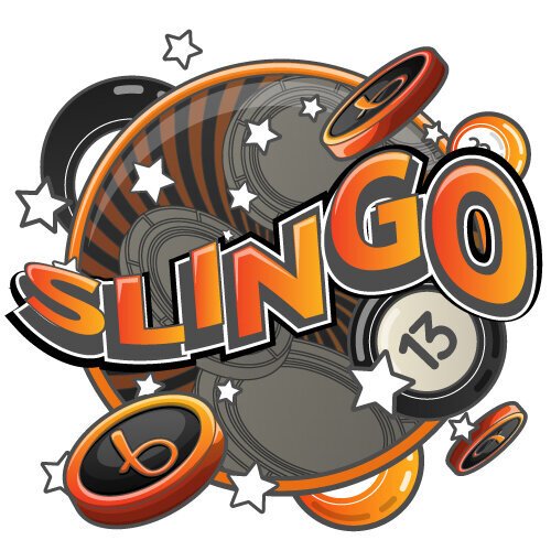 Illustration reading Slingo with bingo balls and gambling chips
