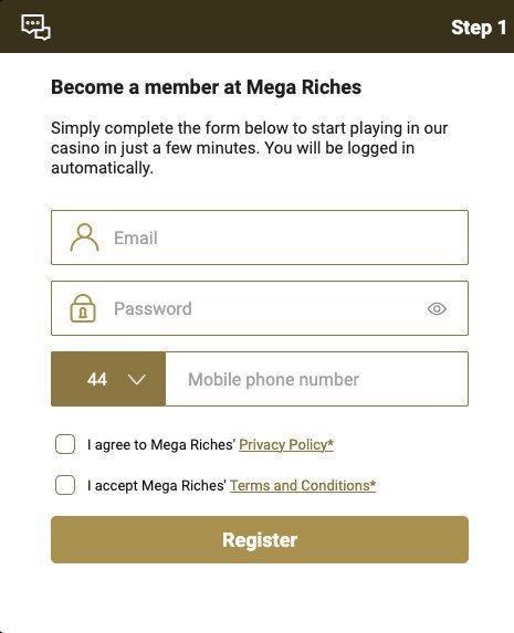 Mega Riches Casino registration window