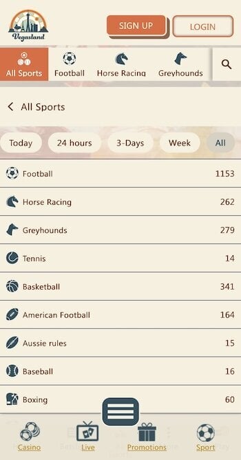 VegasLand sports mobile site