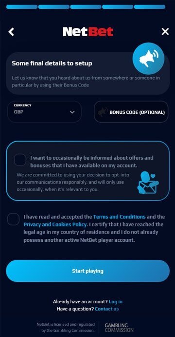 Screenshot of where to use NetBet bonus code