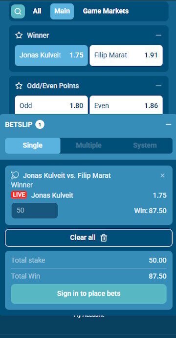 Yetibet bet slip with a table tennis selection.