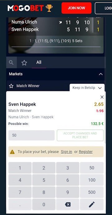 MogoBet bet slip with table tennis bet details.