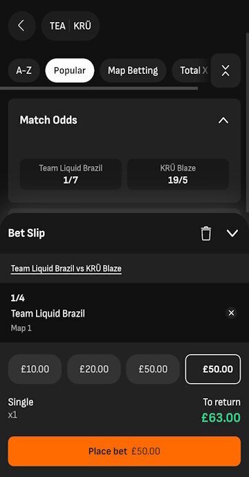 LiveScore Bet bet slip displaying a placed Valorant bet