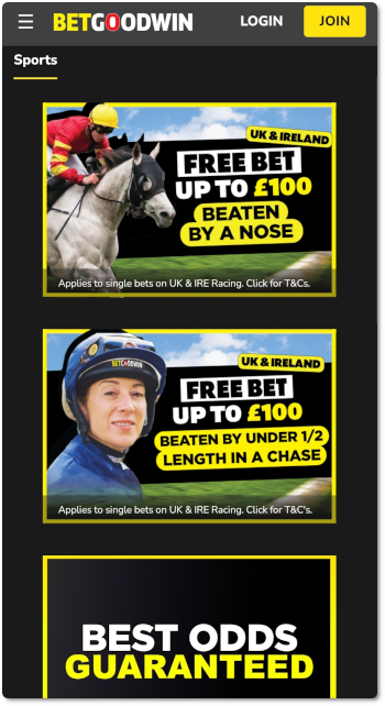 This is what Betgoodwin horse racing betting bonuses looks like on mobile