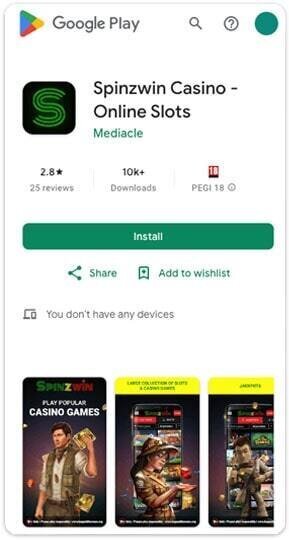 Spinzwin app in Play Store in November 2025